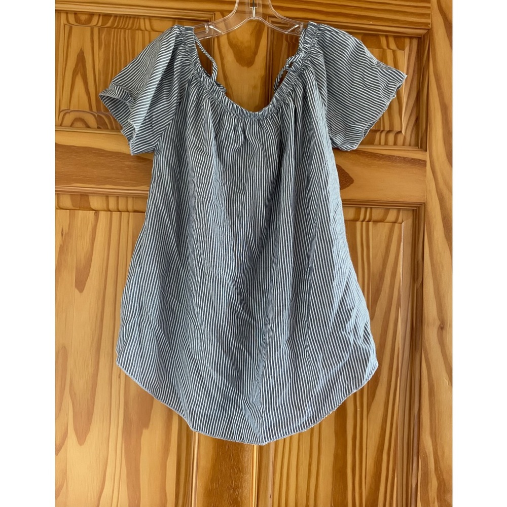 Blue and white off the shoulder blouse